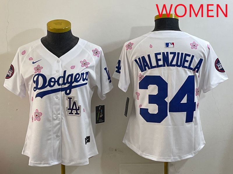Women Los Angeles Dodgers 34 Valenzuela White Sakura Edition 2025 Nike MLB Jersey style 9